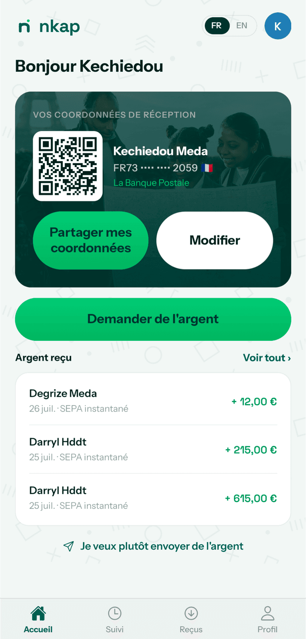 Écran d'accueil du destinataire, avec ses coordonnées de réception et l'argent reçu.