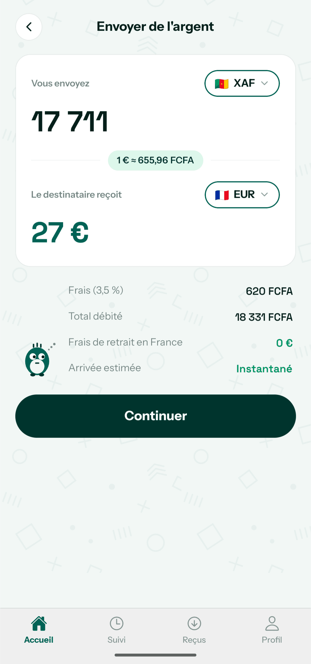 Écran d'envoi d'argent de l'application Nkap : montant en FCFA converti en euros.